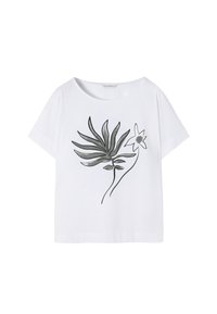 White short-sleeve t-shirt featuring a dark green botanical print with a leaf and flower design. Soft fabric with a relaxed fit.