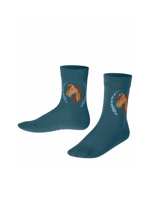 Teal crew-sokken met een paardenontwerp met een bruine manen, omgeven door een bloemenpatroon; gemaakt van een zachte, getextureerde stof.