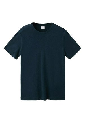 T-shirt bleu foncé uni à manches courtes et col rond, posé à plat sur un fond blanc.