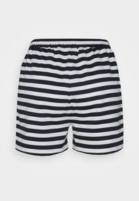 Pantaloni corti a righe blu navy e bianchi con cintura elastica. Tessuto morbido con righe orizzontali di larghezze diverse.
