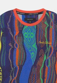 Multifarvet strikket sweater med dristige vertikale mønstre i blå, grøn, orange og gul, med en rød krave og "Carlo Colucci" broderet i gul.