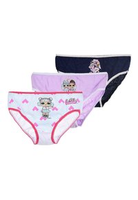 Tre paia di mutandine per bambini; azzurro chiaro con accenti rosa e stampa, viola e blu navy con design e texture uniche.