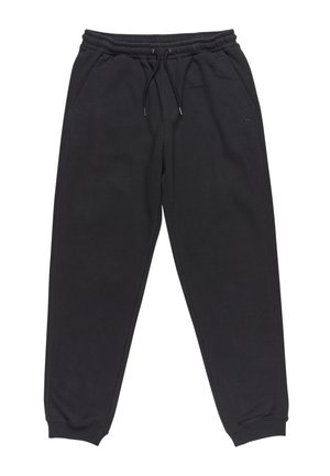 Pantalons de survêtement noirs en tissu doux et texturé. Dotés d'une taille élastique avec cordon de serrage, de poches latérales et de chevilles côtelées.
