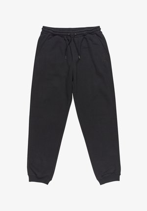 Pantalones de chándal negros hechos de una suave tela texturizada. Cuentan con una cintura elástica con cordón, bolsillos laterales y tobillos ajustados.