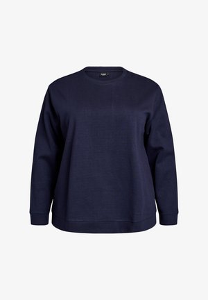 Navy blue sweatshirt made of soft fabric, featuring a crew neckline, long sleeves, and a relaxed fit with ribbed cuffs and hem.