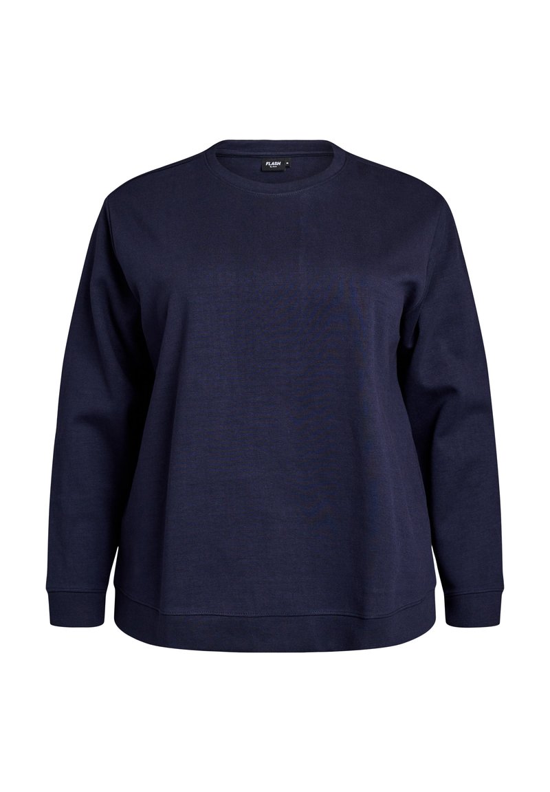 Navy blue sweatshirt made of soft fabric, featuring a crew neckline, long sleeves, and a relaxed fit with ribbed cuffs and hem.