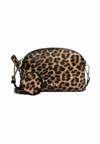 Borsa a tracolla con stampa leopardata realizzata in pelle sintetica, con forma arrotondata, accessori in oro e pochette rotonda staccabile per le monete.