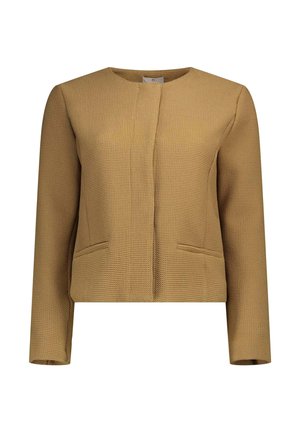 Blazer da donna marrone chiaro testurizzato con scollo rotondo, maniche lunghe, chiusura frontale nascosta e due tasche a filetto frontali.