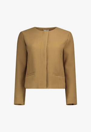 Lichtbruine gestructureerde damesblazer met een ronde halslijn, lange mouwen, een voorzijde met verborgen sluiting en twee voorzakken met bies.