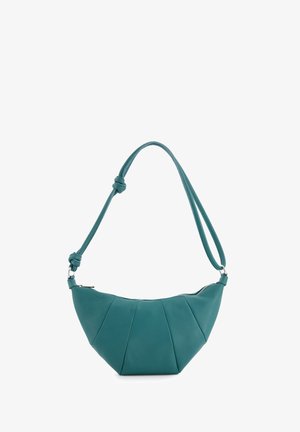 Tealfarbene Lederhandtasche mit kurviger Form, ausgestattete mit genähten Falten, einem Reißverschluss oben und einem geknoteten Schulterriemen. Glatte Textur, minimaler Einsatz von Hardware.