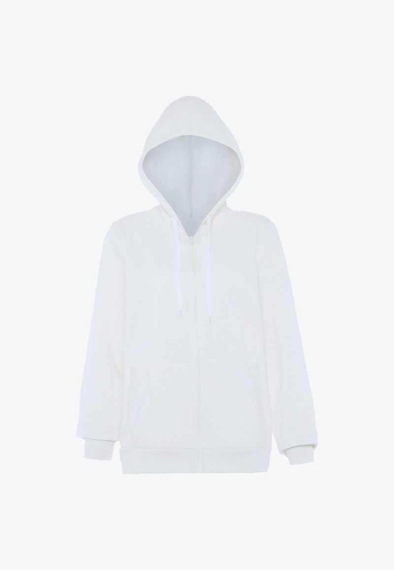 White zip-up hoodie with a large hood, front pockets, and ribbed cuffs. Made from soft, textured fabric. Smooth zipper closure.