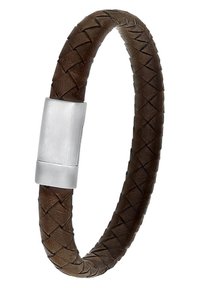 Brown leather braided bracelet with a silver-tone clasp. Features intricate weaving and a sleek, smooth metallic closure.
