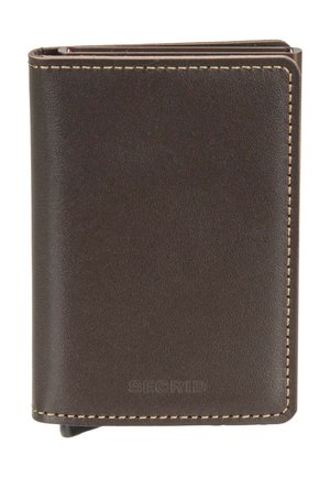 Closed dark brown leather wallet with light stitching and a subtle embossed brand name on the front.