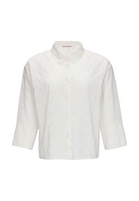 White button-up shirt with a collared neck and three-quarter sleeves, featuring intricate broderie anglaise detailing throughout.