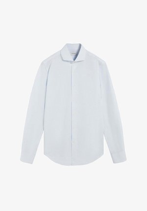 Camicia da uomo azzurro chiaro a maniche lunghe con colletto classico e chiusura a bottoni, presentata su uno sfondo bianco semplice.