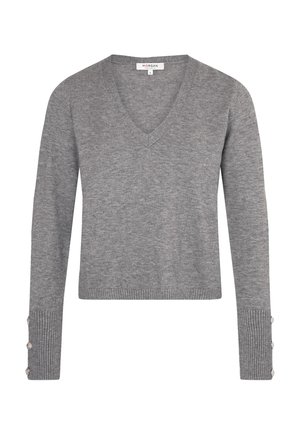 Suéter de punto gris con escote en V, mangas largas con puños de canalé y detalles de botones, confeccionado en un tejido suave para mayor comodidad.