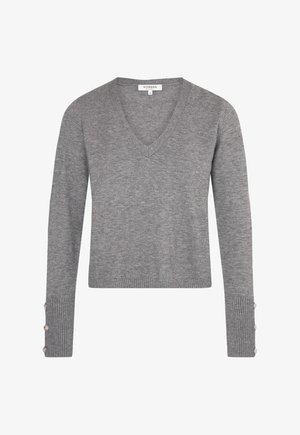 Suéter de punto gris con escote en V, mangas largas con puños de canalé y detalles de botones, confeccionado en un tejido suave para mayor comodidad.