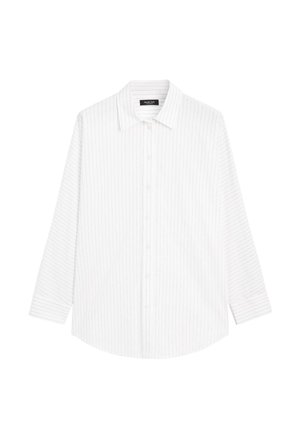 White button-up shirt with vertical light gray stripes, spread collar, long sleeves, and a relaxed fit. Made of lightweight fabric.