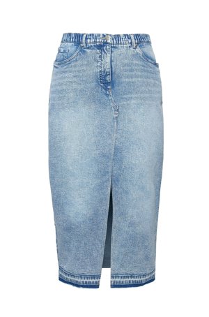 Hellblauer Jeansrock mit einer vorderen Schlitze, elastischem Bund, zwei Fronttaschen und einer Gesäßtasche. Überall mit einem abgenutzten Look.