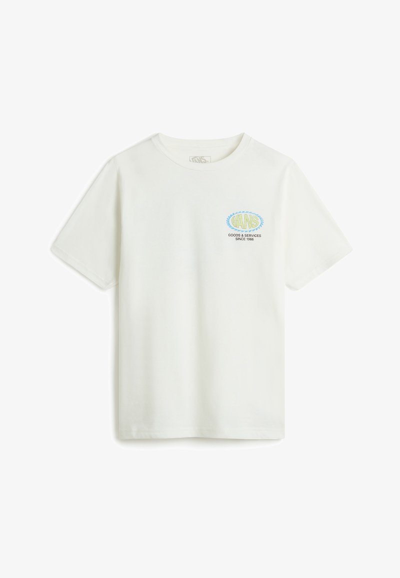 White short-sleeve t-shirt made of cotton, featuring a multicolored logo on the left chest area with "VANS" and text underneath.