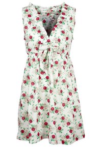 Kukkamekko valkoisella taustalla, jossa on punaisia ja vaaleanpunaisia ruusuja. Olkaimeton malli, röyhelökaula-aukko ja solmittava vyötäröyksityiskohta.