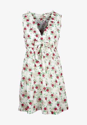 Floral dress with a white background, featuring red and pink roses. Sleeveless design, ruffled neckline, and a tied waist detail.