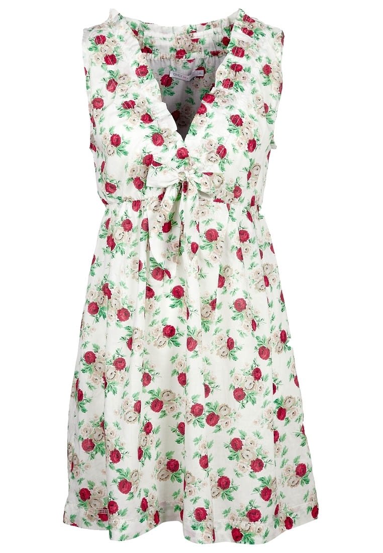 Kukkamekko valkoisella taustalla, jossa on punaisia ja vaaleanpunaisia ruusuja. Olkaimeton malli, röyhelökaula-aukko ja solmittava vyötäröyksityiskohta.