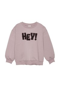 Rosa hettegenser med ribbestrikkede mansjetter og kant. Har en stor, svart, fluffy "HEY!" grafikk på forsiden. Laget av myk bomullsblanding.