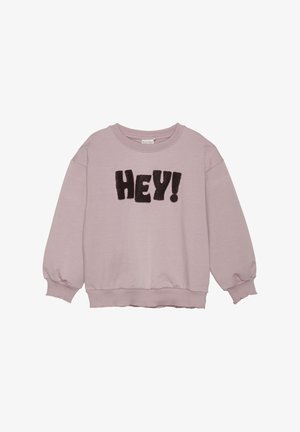 Sweatshirt rose avec des poignets et un ourlet côtelés. Présente un grand graphique noir et duveteux "HEY!" sur le devant. Matière en mélange de coton douce.