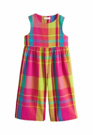 Sleeveless toddler jumpsuit with wide legs in bright pink, yellow, teal, and orange plaid pattern, featuring shoulder snap buttons.