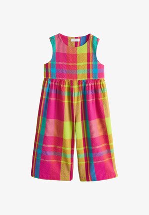 Combinaison sans manches pour tout-petit à jambes larges avec un motif écossais coloré en rose vif, jaune, sarcelle et orange, dotée de boutons pression aux épaules.
