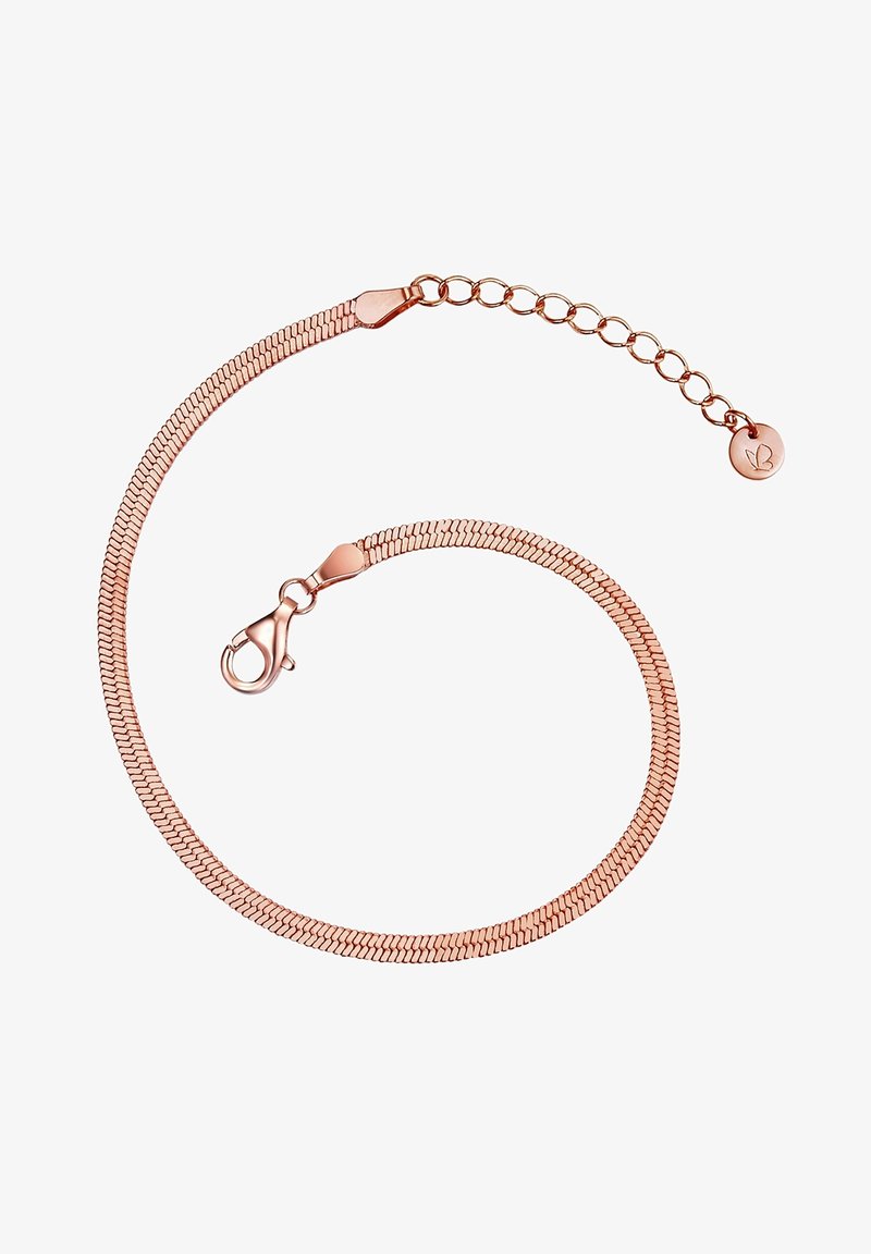 Rožinio aukso apyrankė su lanksčiu grandinėlės dizainu, turinti omarų užsegimą ir pratęsimo grandinėlę, leidžiančią reguliuoti ilgį.