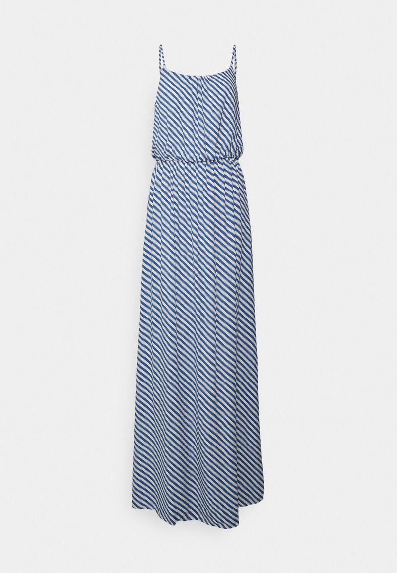 Robe maxi à rayures diagonales bleues et blanches avec des bretelles fines et une taille froncée, sur un fond uni clair.