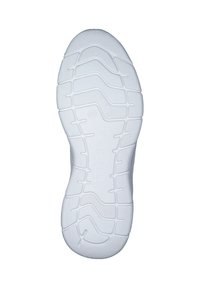 Semelle en caoutchouc blanc avec un motif de grip texturé, comprenant des rainures et un petit logo embossé au centre. Surface lisse entourant la bande de roulement.