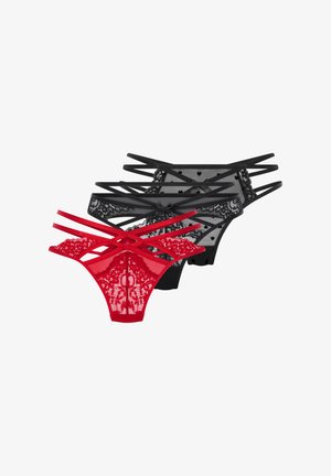 Súprava čipkového tangá spodného prádla v čiernej, červenej a šedej farbe. Popruhový dizajn s kvetinovými vzormi a mašľou ako akcentom.