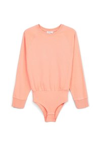 Body a manica lunga raglan in morbido cotone pesca. Presenta un colletto a costine, polsini aderenti e una chiusura a snap sul fondo. Texture liscia.