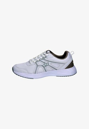 Weißer Sportschuh mit grauen Akzenten, Mesh-Obermaterial, weißen Schnürsenkeln und gepolsterter Sohle, von der Außenseite auf weißem Hintergrund betrachtet.