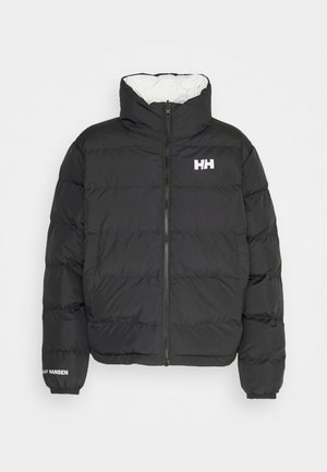 Black puffer jacket with a high collar, zip closure, and white logo on the chest and sleeve. Features quilted sections and elastic cuffs.