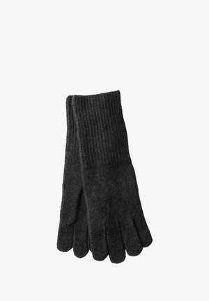 Gants en laine gris foncé avec un poignet à côtes, comportant des ouvertures pour chaque doigt et une texture douce. Fini lisse avec un minimum de détails.