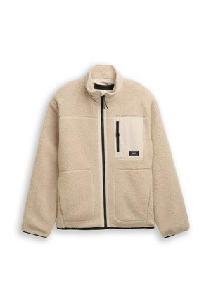 Beige fleece jack met hoge kraag, ritssluiting aan de voorkant, twee grote zakken aan de voorkant en een kleine zak op de borst. Geweven buitenkant met zwarte accenten.