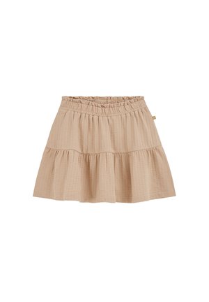 Beige katoenen gelaagde rok met elastische tailleband en subtiel gestructureerd patroon, ontworpen voor casual gebruik.