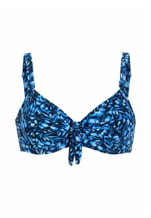 Blåmönstrad bikiniöverdel med blommöster, justerbara band, knyt framtill och en subtil lyster mot en kontrasterande marinblå bakgrund.