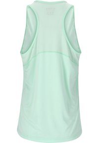Mintgrön sporttopp i lätt material, med en slät yta och racerback-design, utan synliga logotyper eller mönster.