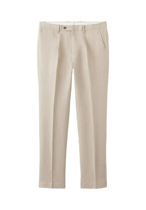 Pantaloni beige a gamba dritta con passanti per cintura, bottone frontale, chiusura con zip e tasche laterali, mostrati su sfondo bianco.