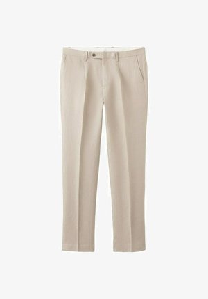 Pantaloni bej cu croială dreaptă, cu bucle pentru curea, nasture frontal, închidere cu fermoar și buzunare laterale, afișați pe un fundal alb.