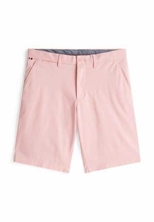 Lichtroze shorts van gladde stof, met een knoopsluiting, zijzakken en een grijze binnenband.