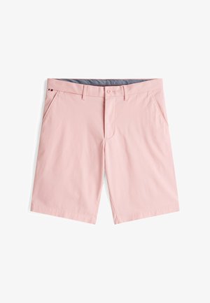 Pantalones cortos de color rosa claro, fabricados en un tejido suave, con cierre de botón, bolsillos laterales y una cintura interior gris.