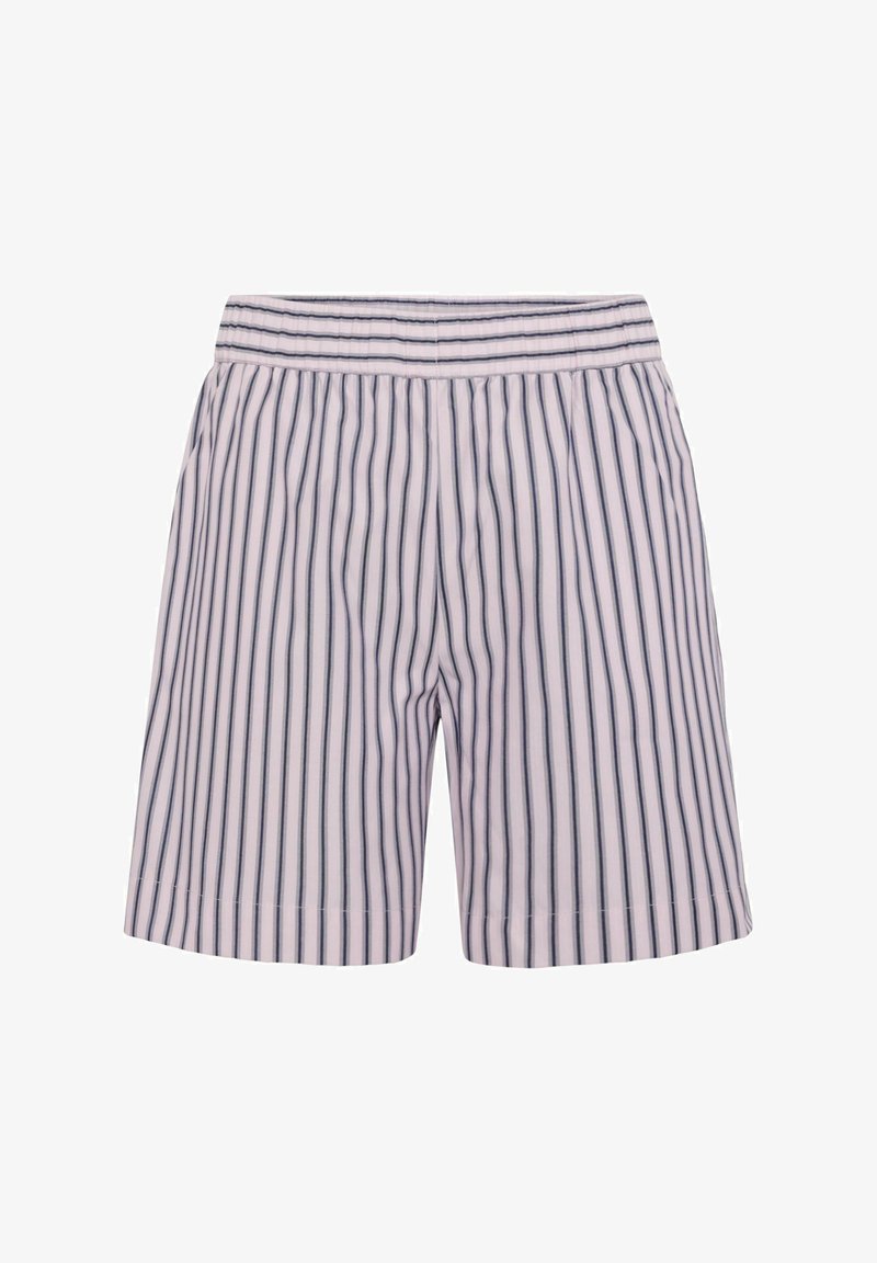 Striped shorts featuring a lightweight fabric, elastic waistband, and vertical stripes in light pink and navy blue.