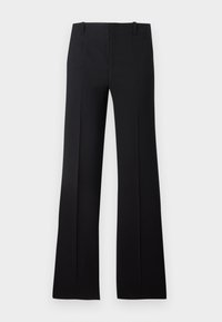 Black flared trousers with a smooth texture, featuring a tailored waist, belt loops, and a clean design that extends to a wide hem.