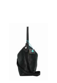 Borsa in pelle nera con finitura testurizzata, dotata di un manico lungo, cinturino regolabile, hardware in argento e un'etichetta di accentuazione blu.